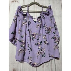 Rue21 Blouse Womens 2X Purple Floral‎ Off Shoulder Ruffle Peasant Boho Plus
